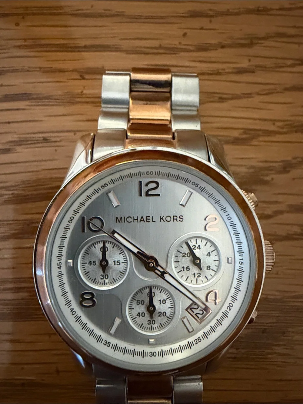 Michael Kors Silver and Rose Gold Women's Chronograph Bracelet Watch